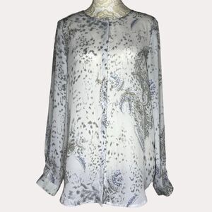 Belissimo Sheer Chiffon Blouse Top Paisley Cream Gray Blue S